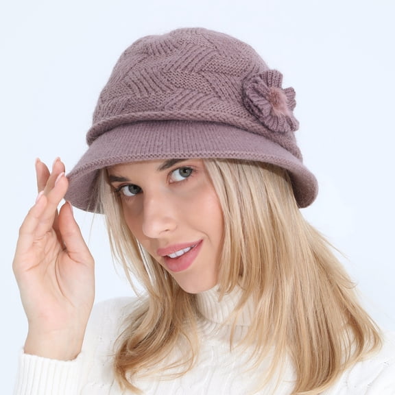 Women Winter Knit 1920s Vintage Bucket Bowler Hat, Round Brim Warm Hat Wool Snow Ski Caps