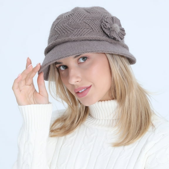 Women Winter Knit 1920s Vintage Bucket Bowler Hat, Round Brim Warm Hat Wool Snow Ski Caps