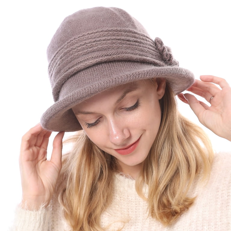 Women Winter Knit 1920s Vintage Bucket Bowler Hat Round Brim  display picture 3