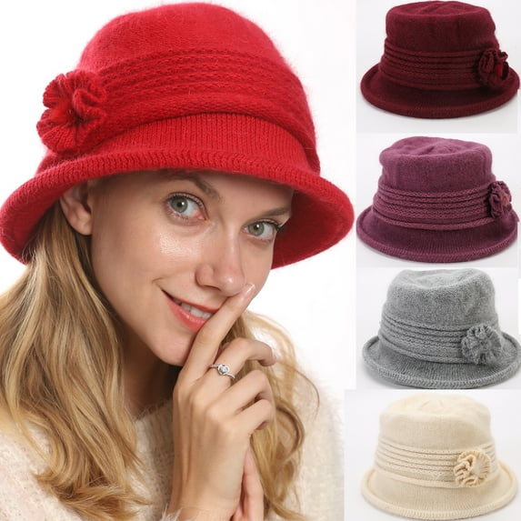 Women Winter Knit 1920s Vintage Bucket Bowler Hat Round Brim Warm Hat