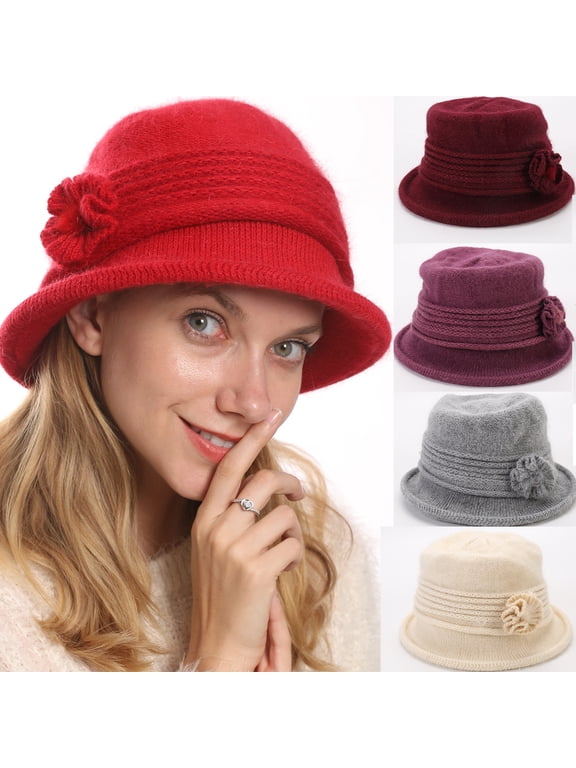 Women Winter Knit 1920s Vintage Bucket Bowler Hat Round Brim Warm Hat