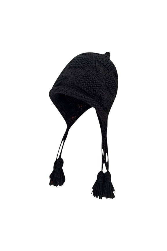 Women Winter Knit Earflap Hat Tassel Warm Hand Knitted Skiing Beanie Hedging Cap Without Lining Fashion Casual Hats