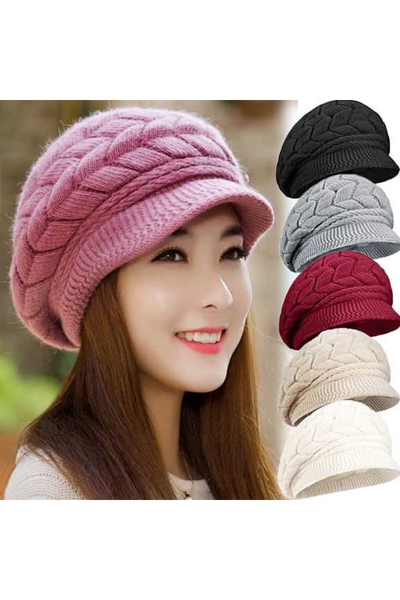 Women Winter Knit Hat Winter Brim Beanie Hats for Women Slouchy Beanie Cap with Visor Warm Newsboy Skull Cap