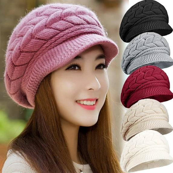 Dalrosia Women Winter Knit Hat Winter Brim Beanie Hats for Women Slouchy Beanie Cap with Visor Warm Newsboy Skull Cap