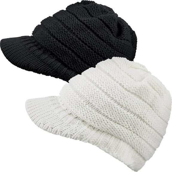 Women Winter Knit Hat Winter Brim Beanie Hats for Women Slouchy Beanie Cap with Visor Warm Newsboy Skull Cap