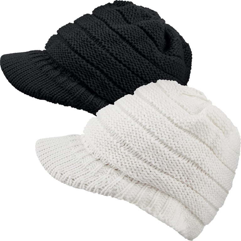 Women\'s Black White 2 Packs Stylish Winter Warm Knitted Beanie Skull Hat Cap Black White Striped Beanie Skull & Crossbones Knit Hat  main image 2