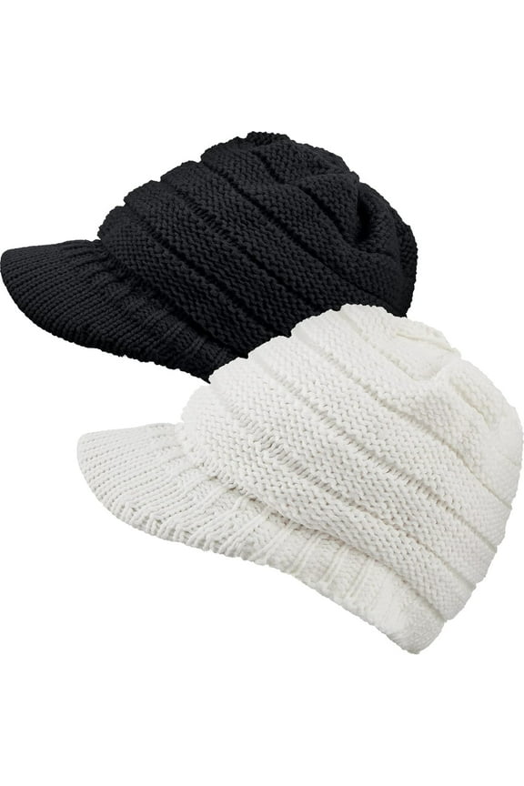 Women Winter Knit Hat Winter Brim Beanie Hats for Women Slouchy Beanie Cap with Visor Warm Newsboy Skull Cap