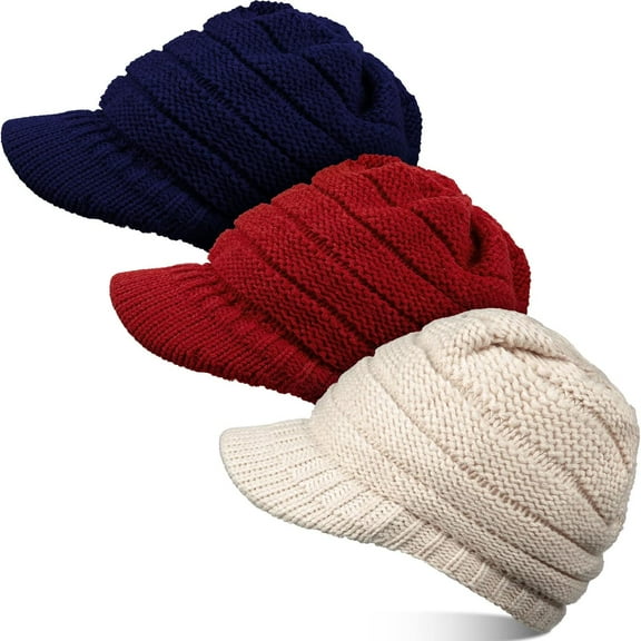Women Winter Knit Hat Winter Brim Beanie Hats for Women Slouchy Beanie Cap with Visor Warm Newsboy Skull Cap
