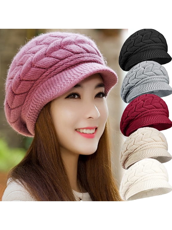 Women Winter Knit Hat Winter Brim Beanie Hats for Women Slouchy Beanie Cap with Visor Warm Newsboy Skull Cap