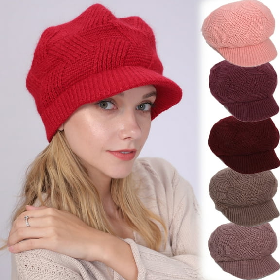 Women Winter Knit Hat Winter Brim Fleece Lining Beanie Hats for Women Slouchy Beanie Cap with Visor Warm Newsboy Skull Cap