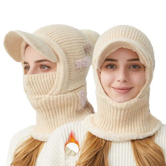 Women Winter Knit Hat with Brim Fleece Lined Warm Windproof Scarf Mask Balaclava Earmuff Beanies Outdoor Ski Cap