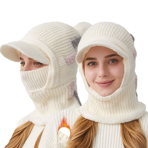 Women Winter Knit Hat with Brim Fleece Lined Warm Windproof Scarf Mask Balaclava Earmuff Beanies Outdoor Ski Cap