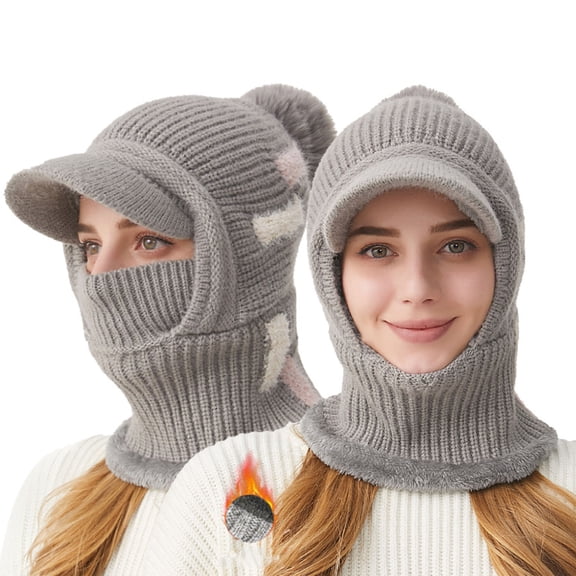 Women Winter Knit Hat with Brim Fleece Lined Warm Windproof Scarf Mask Balaclava Earmuff Beanies Outdoor Ski Cap