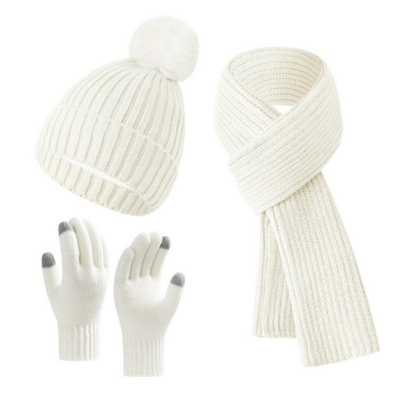 Women Winter Knit Warm Hat Scarf Beanie Gloves Set Pom Fleece Lined Hat with Touchscreen Gloves