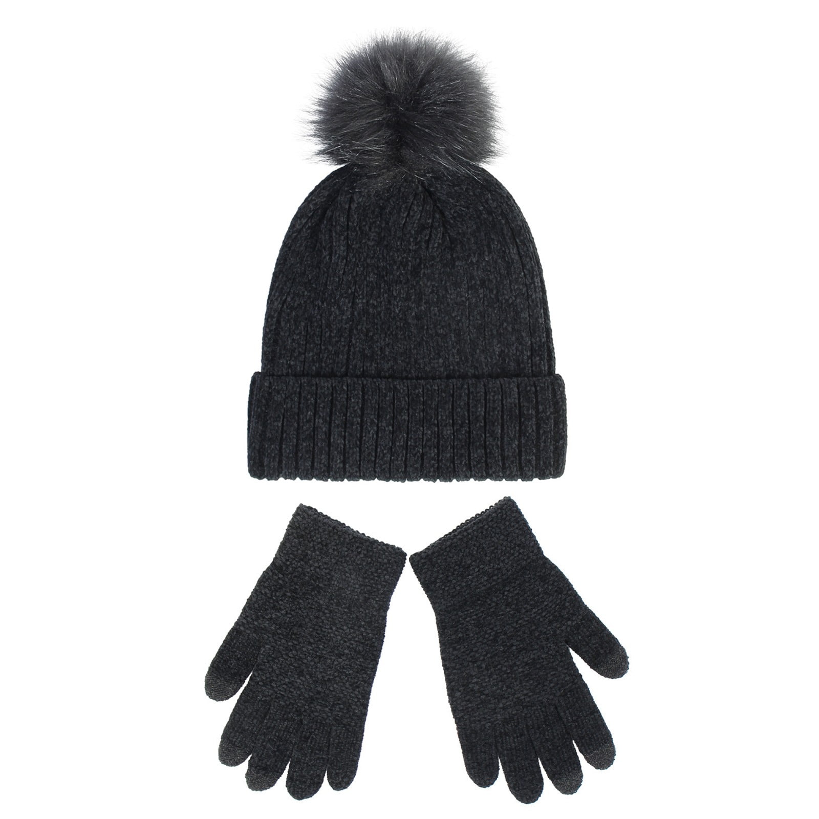 Women Winter Knitted Beanie Hat Glove Set Faux Fur Pom Slouchy Hat and