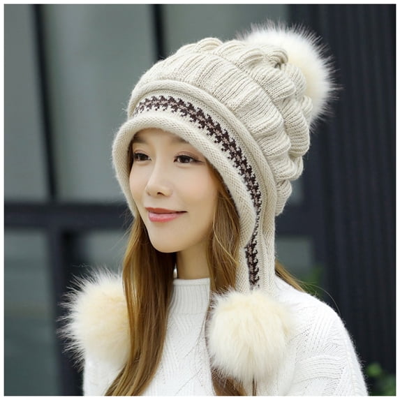 Women Winter Knitted Beanie Hat with Pompoms Ski Snow Ear Flaps Sherpa Knit Thick Warm Soft Hats Windproof for Cold Weather Beanie for Women Beige One Size