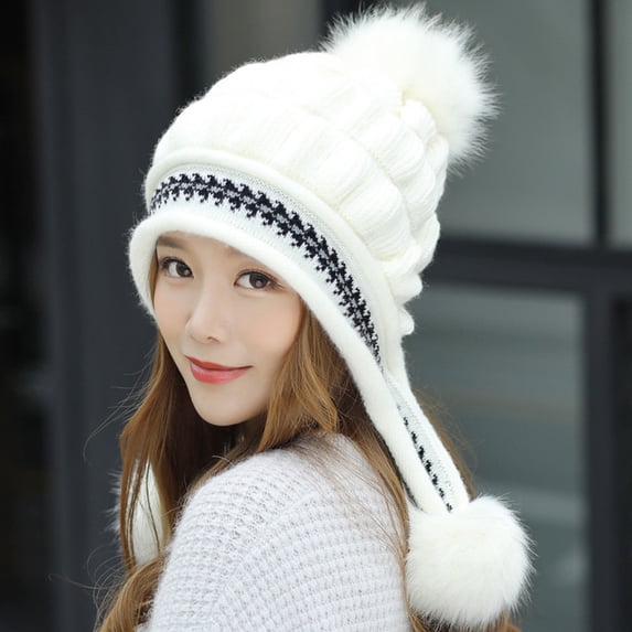 Women Winter Knitted Beanie Hat with Pompoms Ski Snow Ear Flaps Sherpa Knit Thick Warm Soft Hats Windproof for Cold Weather Beanie for Women White One Size