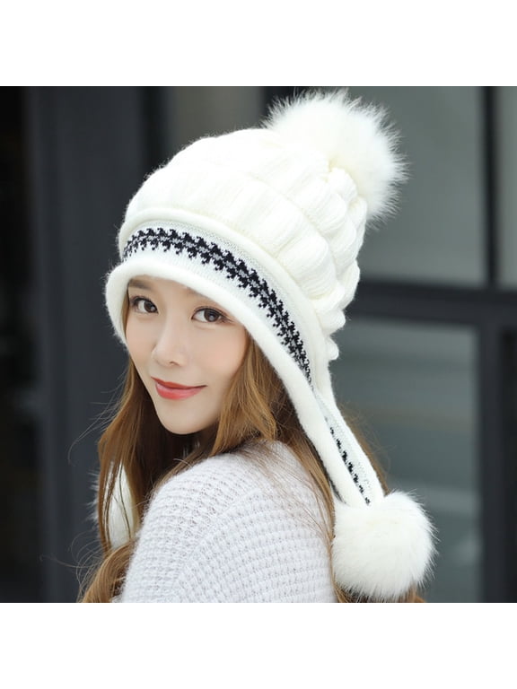 Women Winter Knitted Beanie Hat with Pompoms Ski Snow Ear Flaps Sherpa Knit Thick Warm Soft Hats Windproof for Cold Weather Beanie for Women White One Size