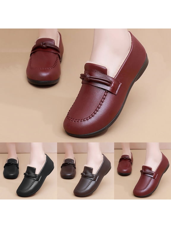 Women Winter Leather Loafers Slip on Warm Fleece Lined Lightweight Cozy Snow Ankle Boots Dress Office Business Work Walking Shoes