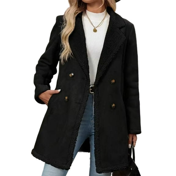 Women Winter -Lined Faux Suede Leather Jacket Oversized -Lapel Mid Long Overcoat Black XXL