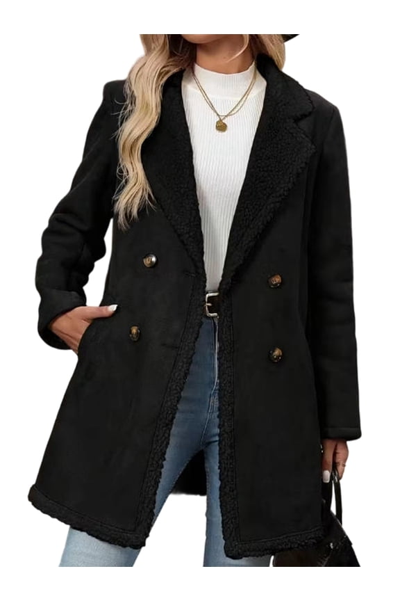 Women Winter -Lined Faux Suede Leather Jacket Oversized -Lapel Mid Long Overcoat Black XXL