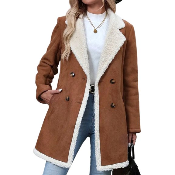 Women Winter -Lined Faux Suede Leather Jacket Oversized -Lapel Mid Long Overcoat Light Brown XL