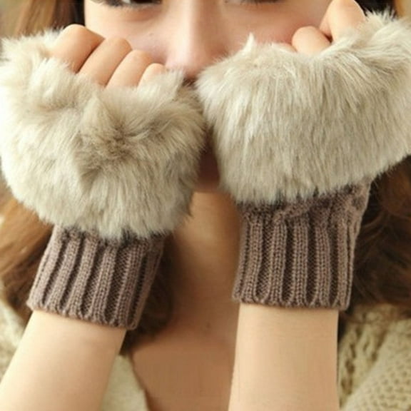 Women Winter Long Fingerless Thumb Hole Gloves Mittens Faux Fur Knit Wool Arm Warmers Warm Knitted