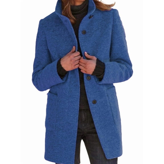 Women Winter Long Pea Coat Wool Blend Stand Collar Single Breast Thicken Blazer Jacket Denim Blue M