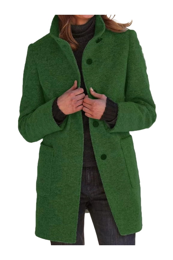 Women Winter Long Pea Coat Wool Blend Stand Collar Single Breast Thicken Blazer Jacket Green L