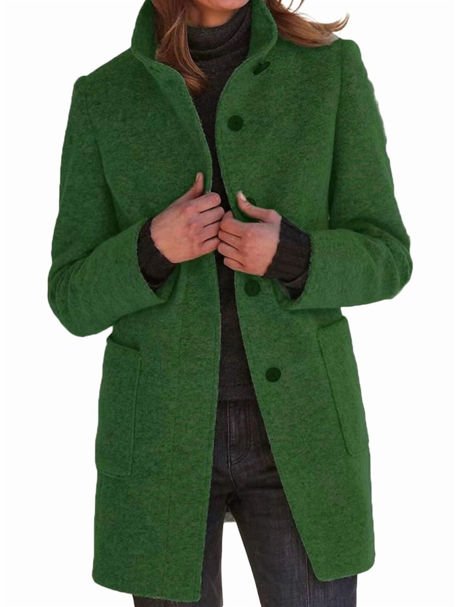 Women Winter Long Pea Coat Wool Blend Stand Collar Single Breast Thicken Blazer Jacket Green M