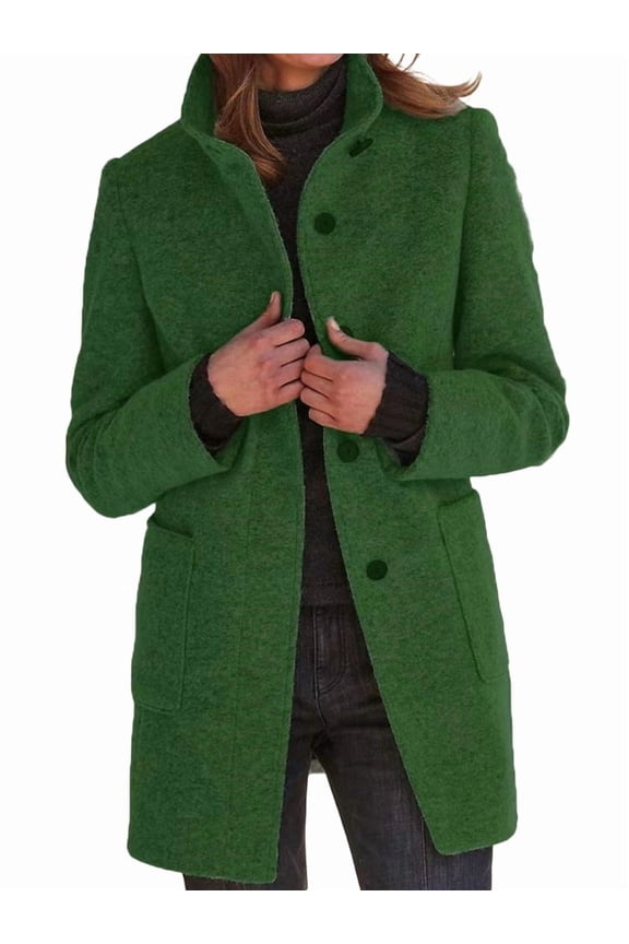 Women Winter Long Pea Coat Wool Blend Stand Collar Single Breast Thicken Blazer Jacket Green M