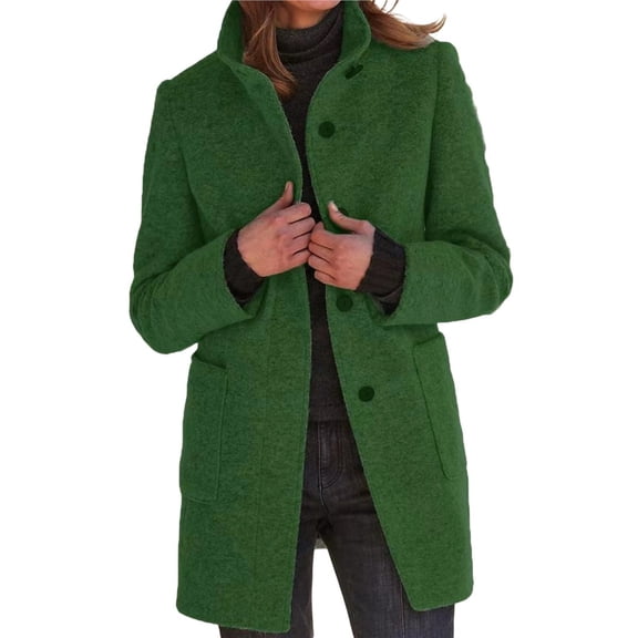 Women Winter Long Pea Coat Wool Blend Stand Collar Single Breast Thicken Blazer Jacket Green S