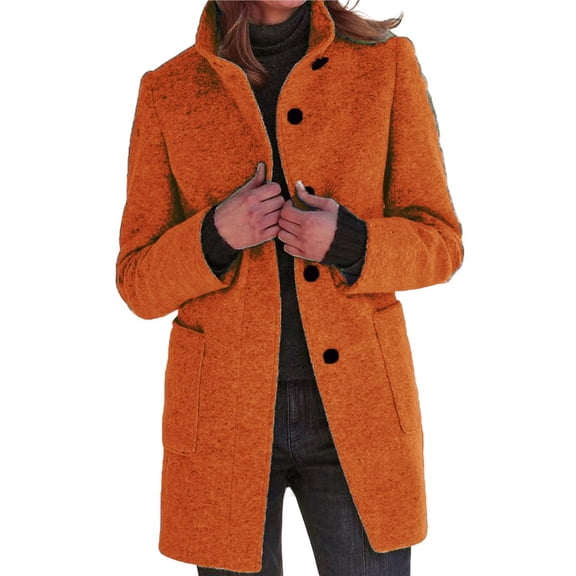 Women Winter Long Pea Coat Wool Blend Stand Collar Single Breast Thicken Blazer Jacket Orange-Red M