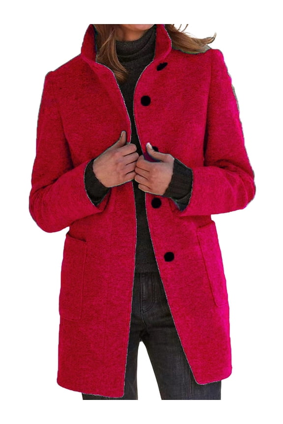Women Winter Long Pea Coat Wool Blend Stand Collar Single Breast Thicken Blazer Jacket Red M