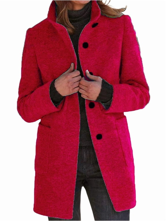 Women Winter Long Pea Coat Wool Blend Stand Collar Single Breast Thicken Blazer Jacket Red XL
