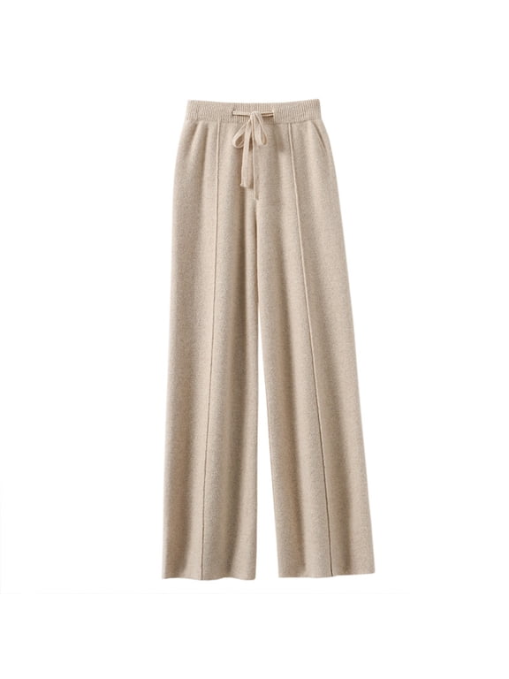 Women Winter Lounge Pants Wide Leg High Waist Ribbed Knit Pants Solid Color Warm Wool-Blend Sweatpants
