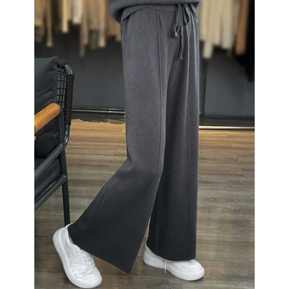 Women Winter Lounge Pants Wide Leg High Waist Ribbed Knit Pants Solid Color Warm Wool-Blend Sweatpants