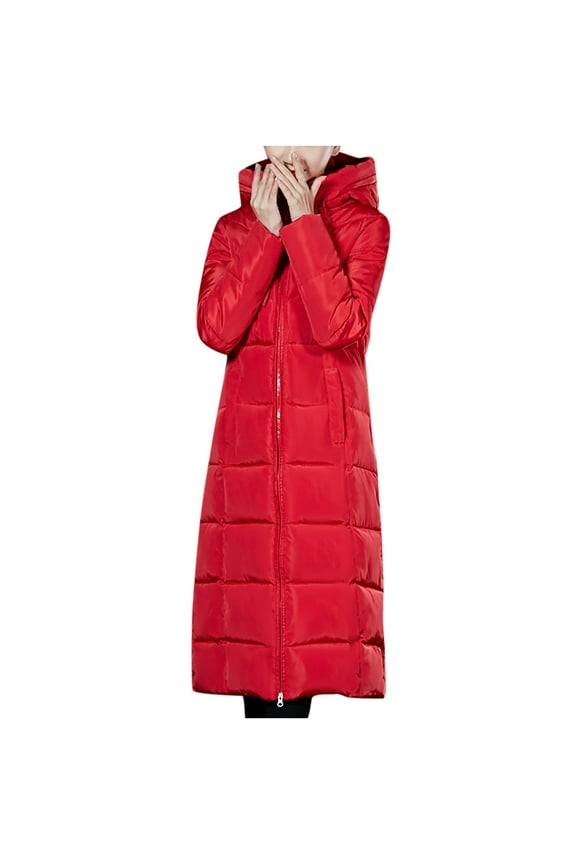 Women Winter Maxi Puffer Coat Fashion Zipper Solid Color Hooded Down Jacket Quilted Chunky Long Outerwear with Pocket