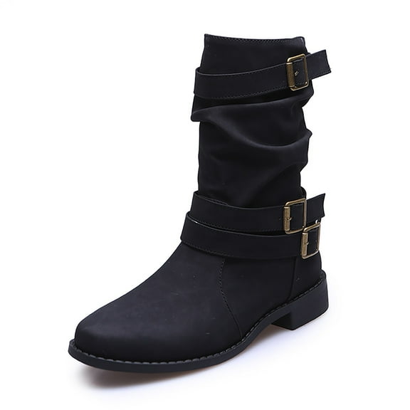 Women Winter Mid Calf Boots Fashion Leather Buckle Comfortable on Design with Stylish Ankle Strap Boots for Women(Color:Black,Size:8)