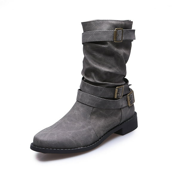 Women Winter Mid Calf Boots Fashion Leather Buckle Comfortable on Design with Stylish Ankle Strap Boots for Women(Color:Grey,Size:8)