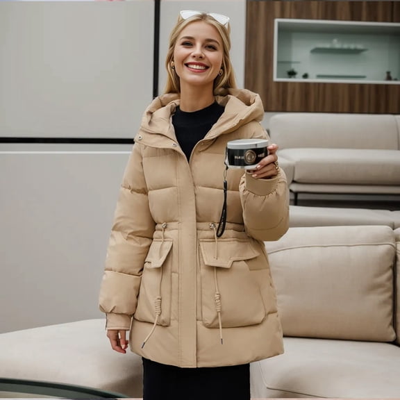 Women Winter Mid Length Fashionable Drawstring Waist Warm Solid Color Hooded Jacket Womens Long down Winter Coat Thick down Jacket Women Jacket Orally Coat down Padded Coat for Women Womens Long