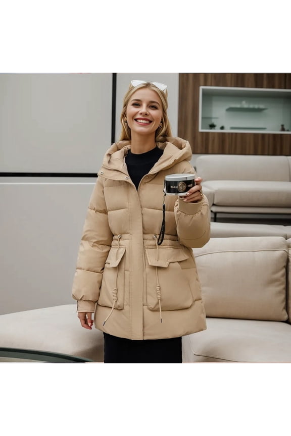 Women Winter Mid Length Fashionable Drawstring Waist Warm Solid Color Hooded Jacket Womens Long down Winter Coat Thick down Jacket Women Jacket Orally Coat down Padded Coat for Women Womens Long