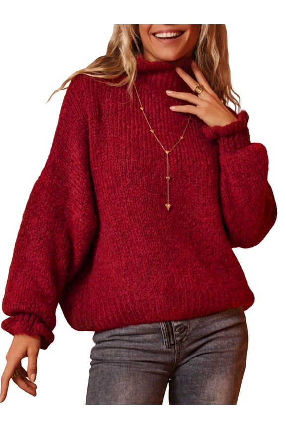 Women Winter Mock Neck Long Sleeve Back Opening Oversized Sweater Casual Knit Winter Pullover Tops Wine Red L