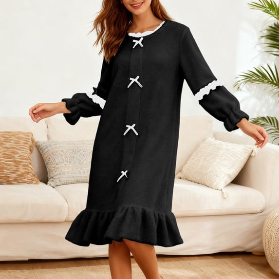 Women Winter Nightgown Crew Neck Ruffled Hem Color Block Bow Pajamas Fleece Thermal Soft Plush Sleep Robes (XXL, Black)