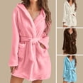 thumbnail image 1 of Women Winter Nightgown Thick Plush Warm Hooded Adjustable Lace Up Belt Solid Color Great Water Absorption Homewear Spa Hotel Bathrobe, 1 of 8