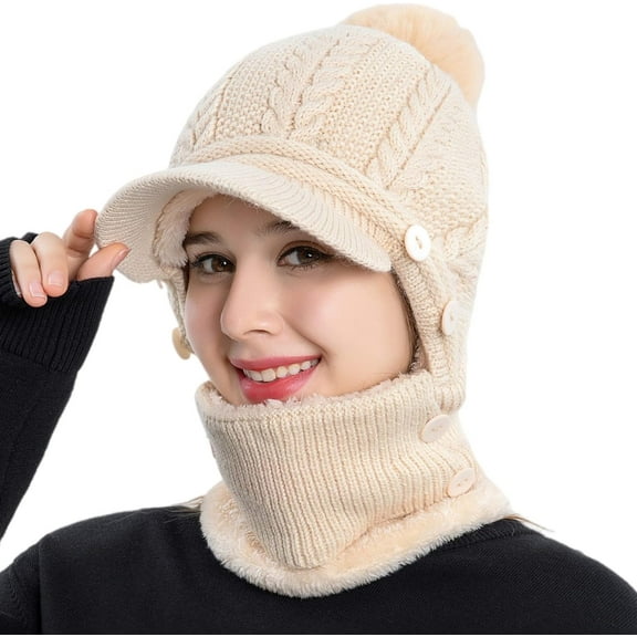 Women Winter One Piece Beanie Hat Slouchy Fleece Balaclavas Face Mask Neck Scarf Set Earmuff Ski Snow Knit Hats