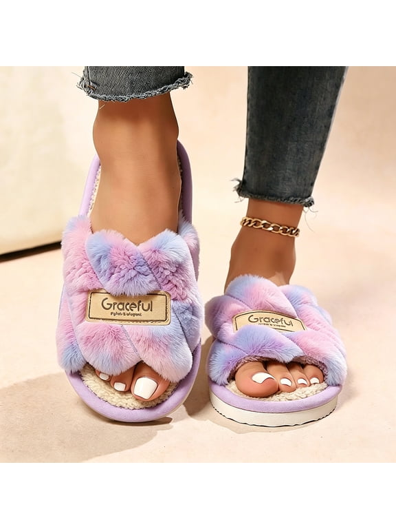 Women Winter Open Toe Wrap Fabric Shoes, Decor Strap Soft Cushioned Sole Indoor Outdoor Daily Casual Warm Footwear Multicolor 9-9.5