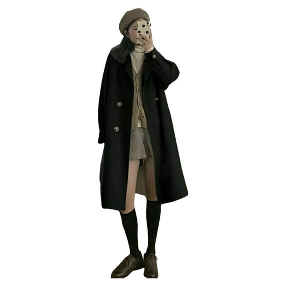 Women Winter Overcoat Turn-down Collar Pockets Solid Color Double-breasted Thickened Loose Fit Coat Thermal Long Sleeved Commuting Dating Spring Fall Winter Coat