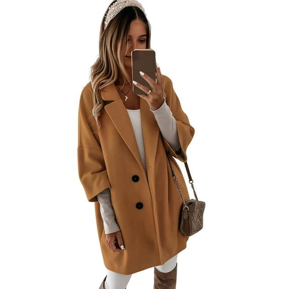 Women Winter Overcoat Turn-down Collar Pockets Solid Color Double-breasted Thickened Loose Fit Coat Thermal Three-quarter Sleeved Commuting Dating Spring Fall Winter Coat