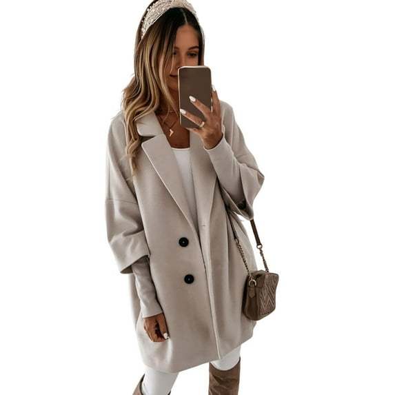Women Winter Overcoat Turn-down Collar Pockets Solid Color Double-breasted Thickened Loose Fit Coat Thermal Three-quarter Sleeved Commuting Dating Spring Fall Winter Coat